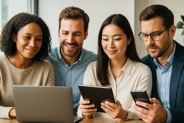Fototapeta premium Group of diverse professionals using laptop, tablet, and smartphone during team meeting in modern office with bright background and creative mood. Ai generative