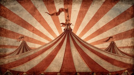 Vintage circus tent backdrop with red and white stripes.