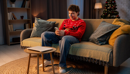 A young man sits on a sofa and browses on a smartphone. The male is wearing a festive Christmas red sweater.
