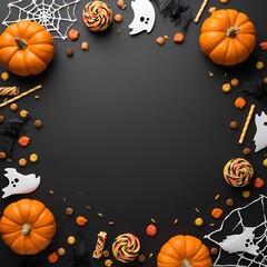 Happy Halloween flat lay card with pumpkins bats ghosts candy spiders festive decorations