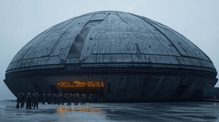 Obraz premium Futuristic dome structure with intricate textures and large entrance, surrounded by a group of people in a misty atmosphere at dusk