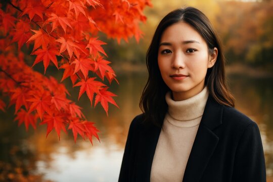Portrait of a young woman standing outdoors beside vibrant red maple leaves during autumn with soft natural light and peaceful lake background. Ai generative - Powered by Adobe