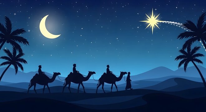 Three wise men riding camels under a starry night sky with a crescent moon and the star of bethlehem, on a desert journey