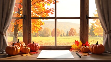 Autumn themed artwork featuring a blank paper on a wooden desk with an autumn window view in a watercolor style