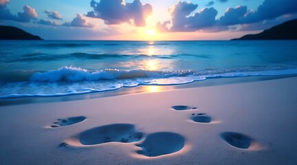 A serene beach scene under floodlights, featuring soft white sand, gentle waves, footprints in the sand