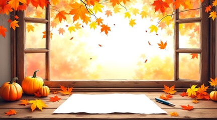 Autumn themed artwork featuring a blank paper on a wooden desk with an autumn window view in a watercolor style
