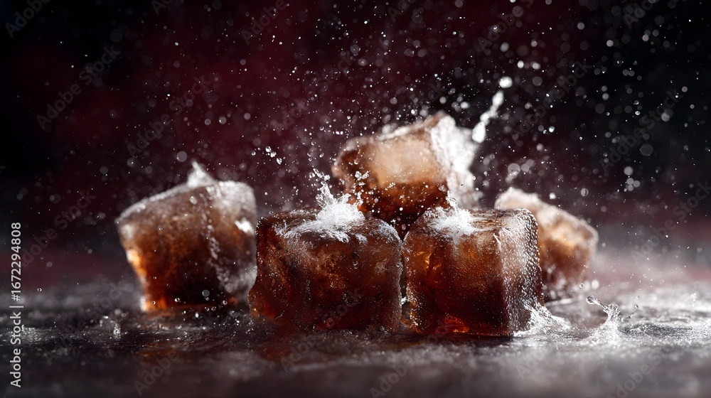 Poster splashing cola and ice cubes in dynamic motion
