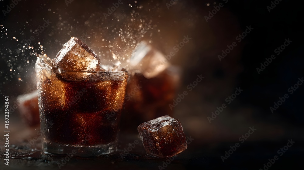 Poster refreshing cola with falling ice cubes and dynamic splash
