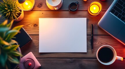 A vibrant and inviting overhead shot of a blank sheet of paper on a wooden desk with coffee and natural light