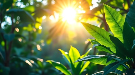 An image featuring a tropical scene with lush green leaves and a bright sun shining through them