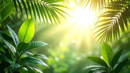 An image featuring a tropical scene with lush green leaves and a bright sun shining through them