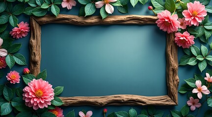 A captivating photo featuring a wooden frame with flowers and leaves in vibrant, sparkling teal tones