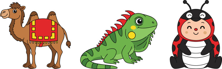 Cartoon Camel Iguana and Ladybug Kid Vector Set – Cute Animal and Insect Clipart for Educational or Creative Use