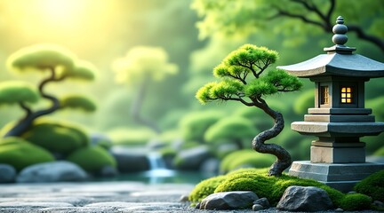 A minimalist Japanese garden themed image featuring a subject on the right, such as a stone lantern or a bonsai tree