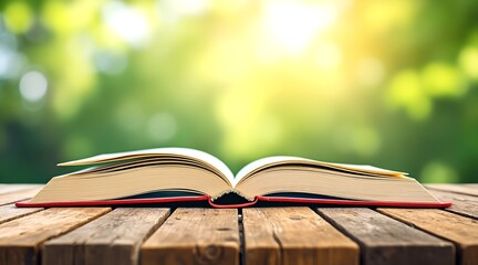 Open book illustration on wooden table outdoors with a soft green background