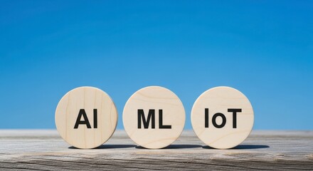 Three wooden circles labeled ai, ml, and iot on a wooden surface against a blue sky