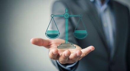 A man in a suit holding a green scale of justice graphic in the palm of his hand