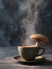 steaming cup of coffee with earthy mushroom powder  natural  antioxidants
