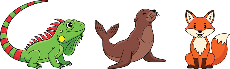 Cartoon Iguana Seal and Fox Vector Set – Cute Wild Animal Characters for Kids Clipart, Learning Materials, and Creative Design