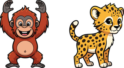 Cartoon Orangutan and Cheetah Cub Vector – Jungle Animal Clipart for Kids, Educational Materials, Posters, or Creative Projects