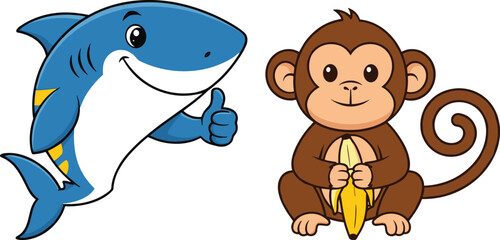 Cartoon Shark and Monkey Vector – Cute Ocean and Jungle Animal Characters Holding Banana and Thumbs Up for Kids Designs