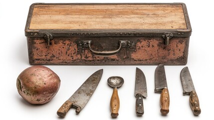 Vintage copper toolbox with knives and fruit