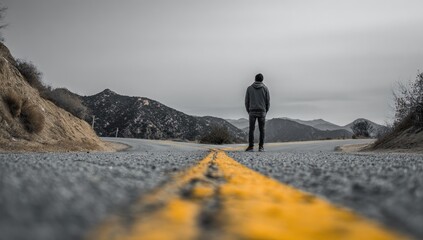 A lone figure stands at a road fork, facing away, on a gray asphalt road with a bold yellow line, set against a backdrop of muted brown hills under a cloudy sky.