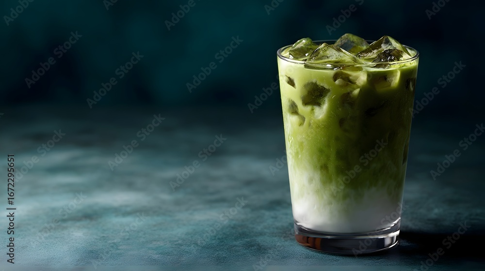 Poster iced matcha latte with layered color and floating ice