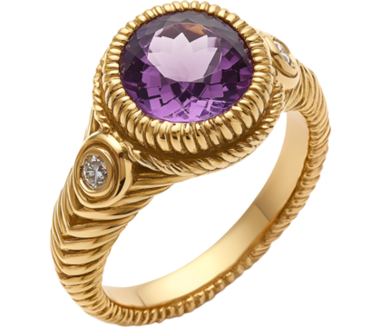 Gold ring with amethyst and diamonds isolated on transparent background