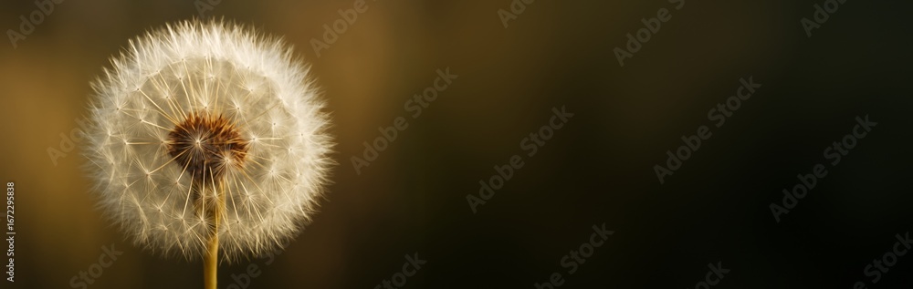 Poster close-up of dandelion seed head on soft brown background with empty copyspace for design or banner t