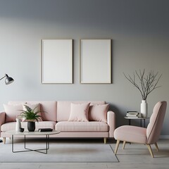 Modern Living Room Interior Design Pink Sofa and Mockup Frames for Artwork Exhibition Home Decor Contemporary Style Apartment Beautiful Minimalist Aesthetics