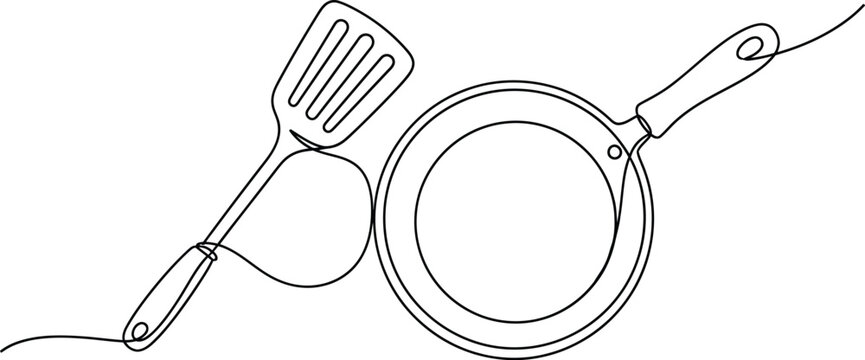 Frying pan spatula kitchen cooking food preparation utensil cookware single line art