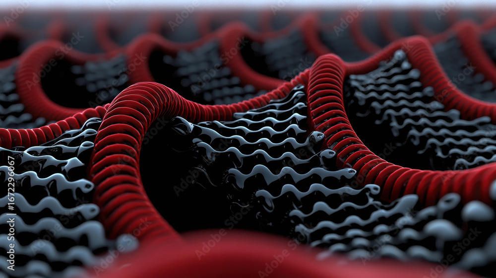 Poster abstract depiction of red and black flowing texture resembling soft wave patterns, showcasing intric