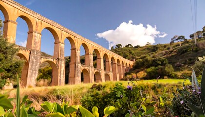 Fototapeta premium A long stone arch bridge stretches across a hillside, bathed in sunlight, with lush greenery surrounding its base.