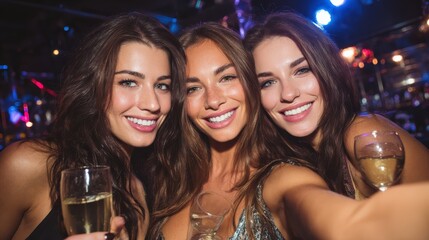 celebration friends bachelorette party technology and holidays concept happy women with champagne and smartphone selfie stick taking picture at night club no logos no brands ar 169