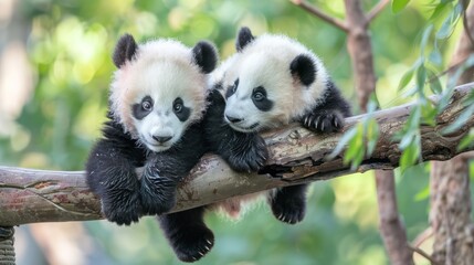 Obraz premium Adorable Baby Panda Cubs Resting on Tree Branch in Green Forest