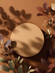 vibrant picture of round cylinder podium with leaves shadows on brown background top view flat lay aesthetic showcase for product presentation  high detail 8k