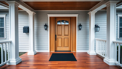Fototapeta premium The flooring is made of polished wood, adding warmth to the entrance. The central focus is a wooden front door with a natural.