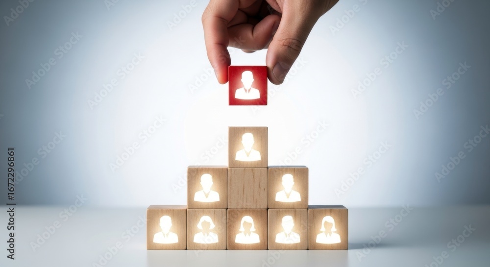 Poster hand placing a red block with a person icon on top of a pyramid of wooden blocks