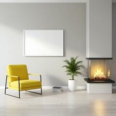 Modern Living Room Interior Design with Yellow Armchair Fireplace and Blank White Frame for Art Mockup Display