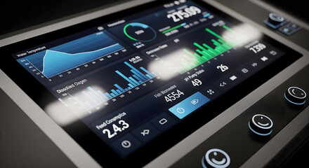 High tech control panel displaying water quality metrics and data analytics