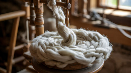 Close up of fluffy natural wool roving being spun into thick yarn on a vintage spinning wheel in a rustic workshop