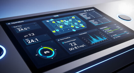 Aquaculture control panel displaying real time data and analytics