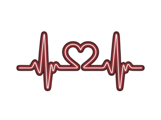 Red Neon Heartbeat Line with Heart Symbol cardiogram isolated on a transparent background