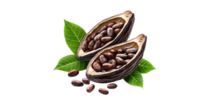 Two cocoa pods with beans and leaves isolated on transparent background