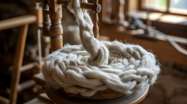 Close up of fluffy natural wool roving being spun into thick yarn on a vintage spinning wheel in a rustic workshop