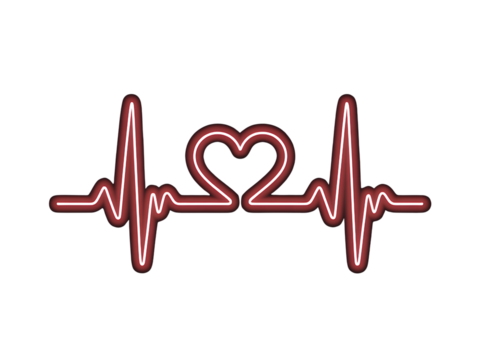 Red Neon Heartbeat Line with Heart Symbol cardiogram isolated on a transparent background