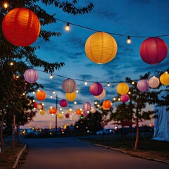 Colorful paper lanterns and string lights illuminate a pathway at twilight, creating a festive ambiance.  Trees frame the scene, and a blurry background suggests a gathering or event