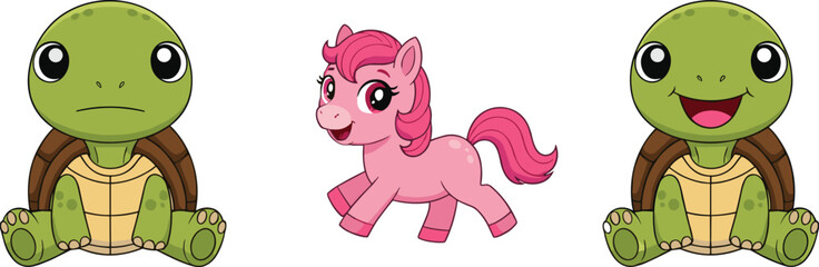 Cute Cartoon Turtles and Pony – Adorable Baby Animal Clipart for Kids, Stickers, Educational Materials, Crafts, and Digital Design