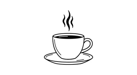 A simple black and white drawing of a steaming cup of coffee